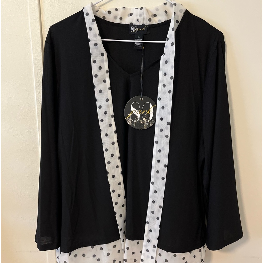 Beautiful Back & Off White Blouse with Tie in Front.  NWOT
